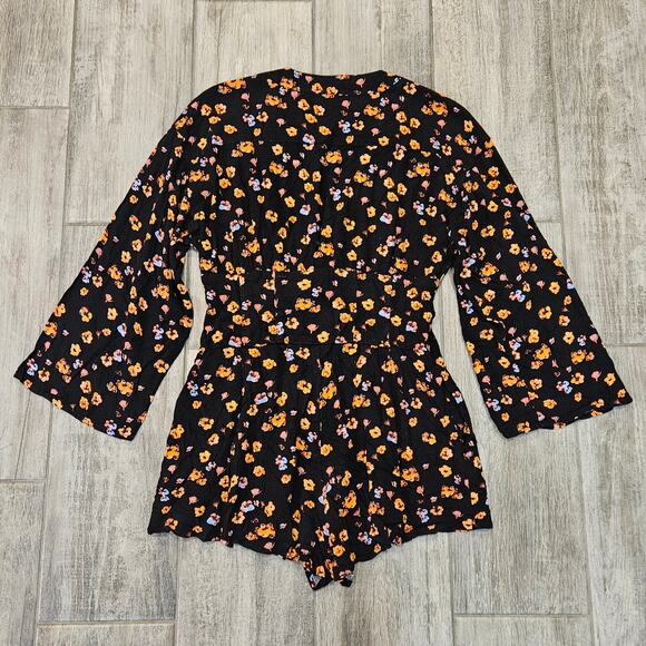 Free People L’amour Printed Romper Womens Size 2 Black Floral Boho Mini Indie - Picture 9 of 11